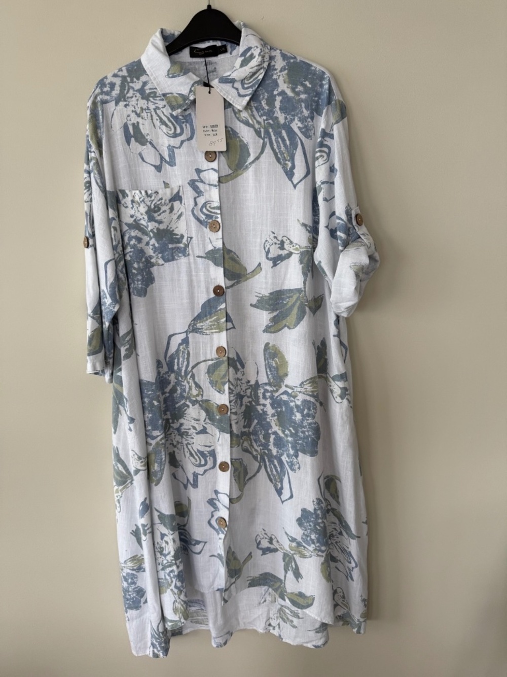 🌿 GOA Floral Linen Blend Tunic Shirt Dress NWT Large White Blue Green